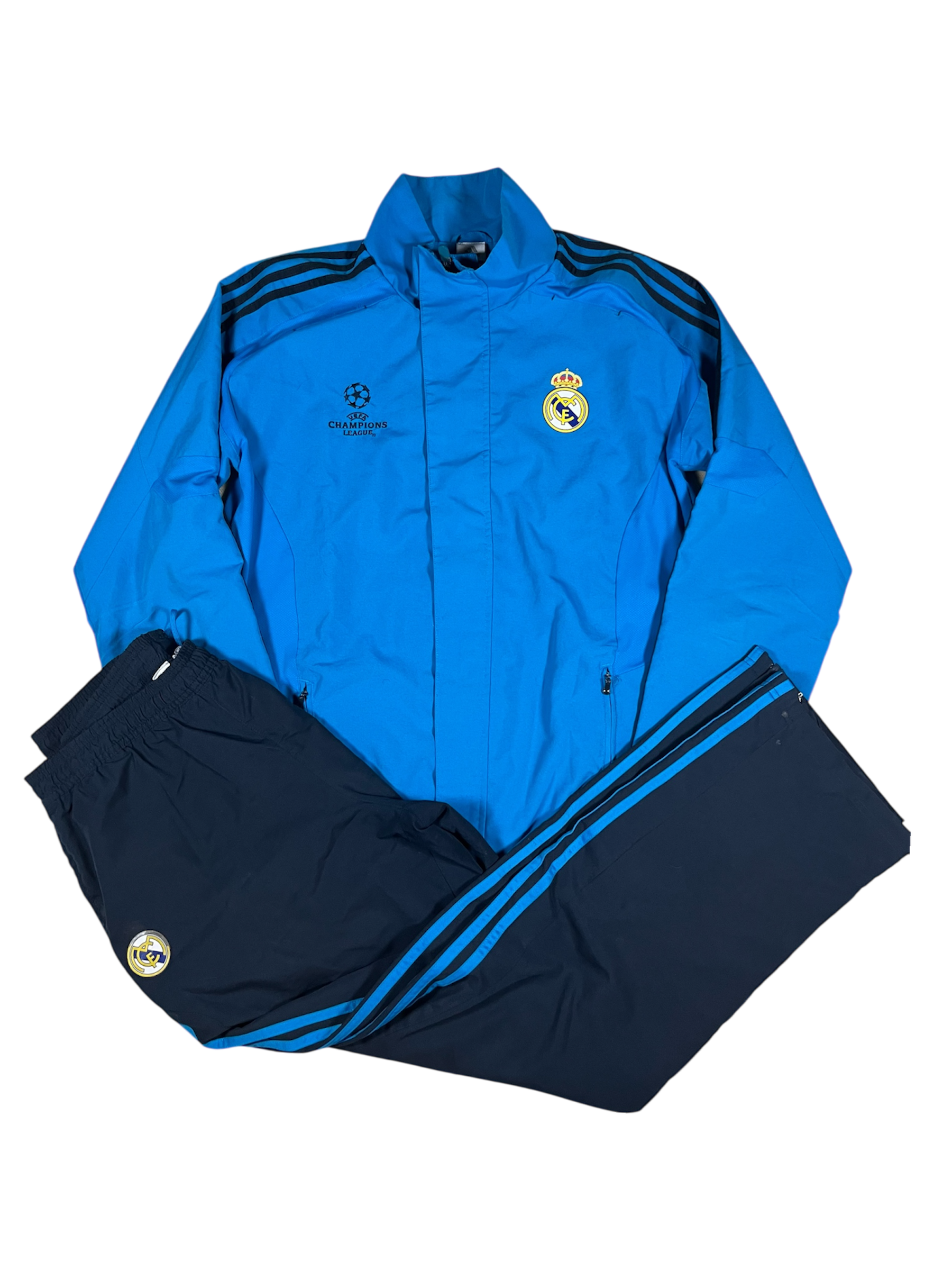 Real Madrid Tracksuit – Baby Blue Top / Dark Blue Pants – Size L Logo Damage
